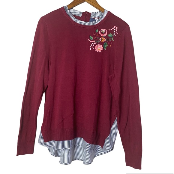 Crown & Ivy Womens Embroidered Mixed Media Sweater Shirt - Picture 1 of 8